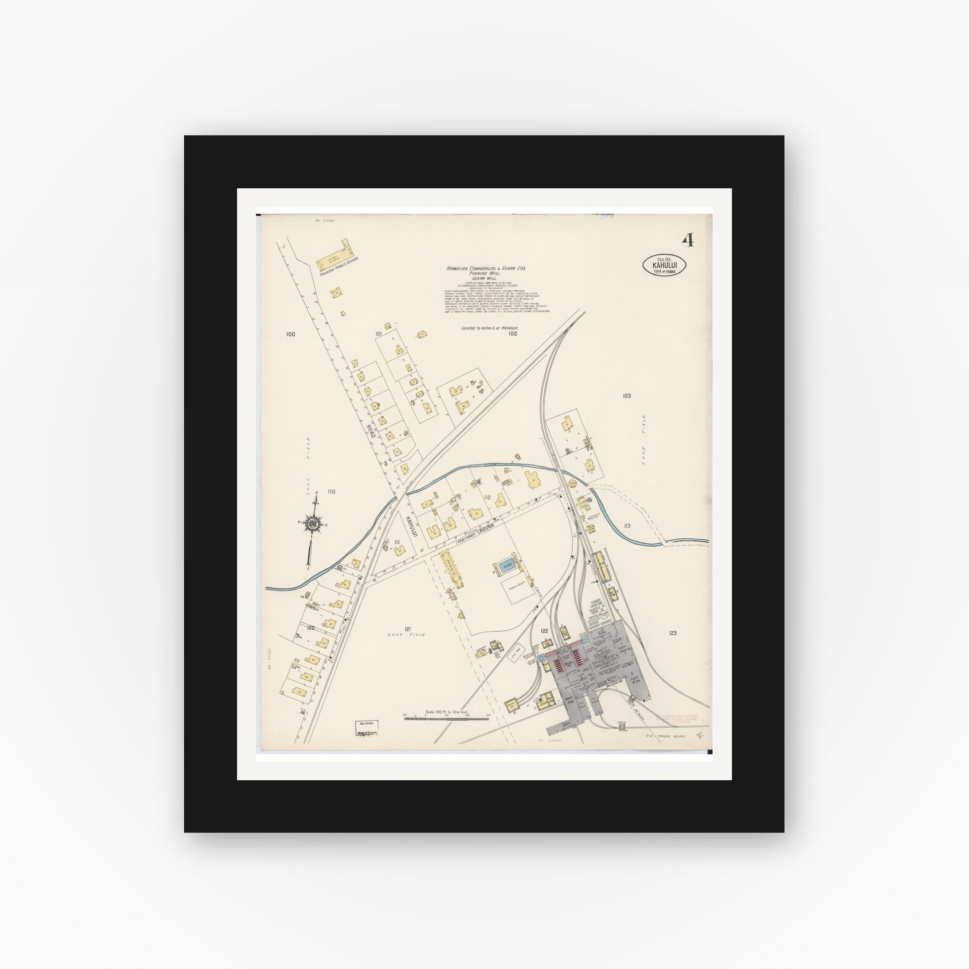 Old map wall art mockup — black gallery frame with white mat — Sanborn Fire Insurance Map from Kahului, Maui County, Hawaii (1914), Sheet #0004