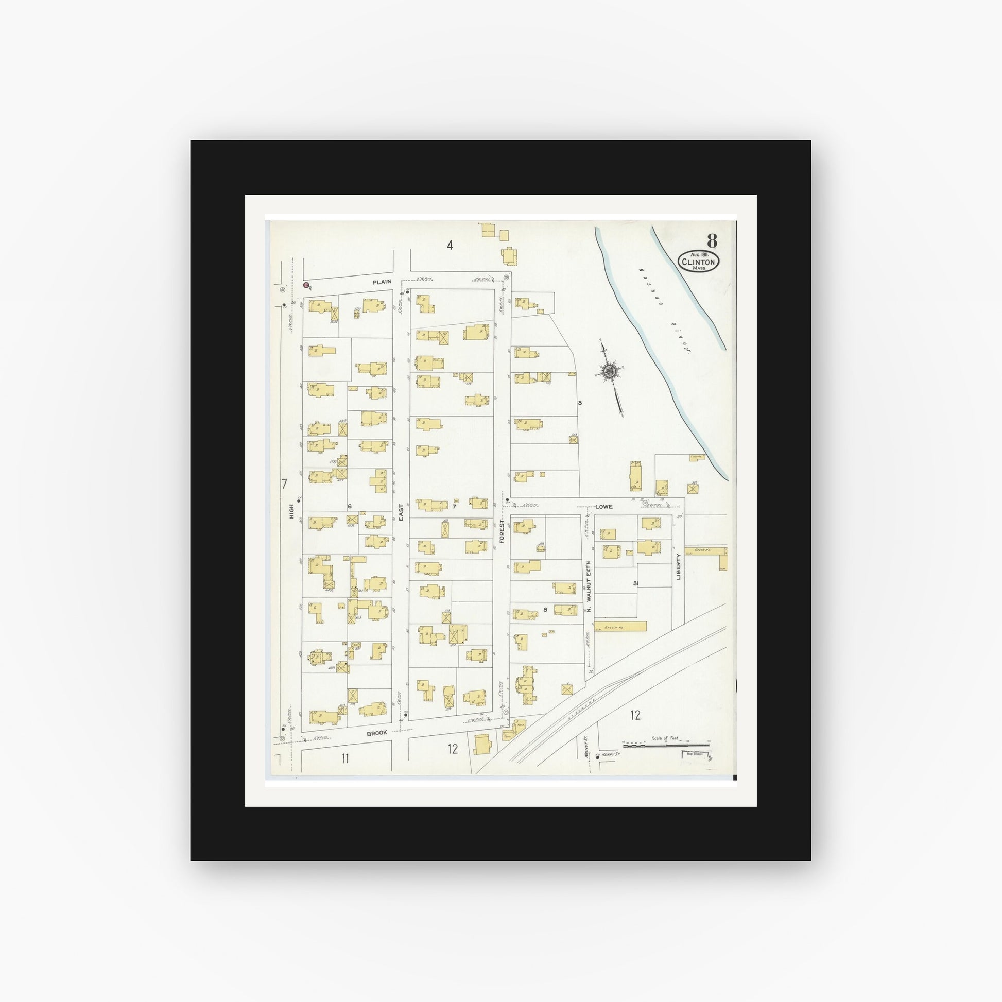 Old map wall art mockup — black gallery frame with white mat — Sanborn Fire Insurance Map from Clinton, Worcester County, Massachusetts (1911), Sheet #0008