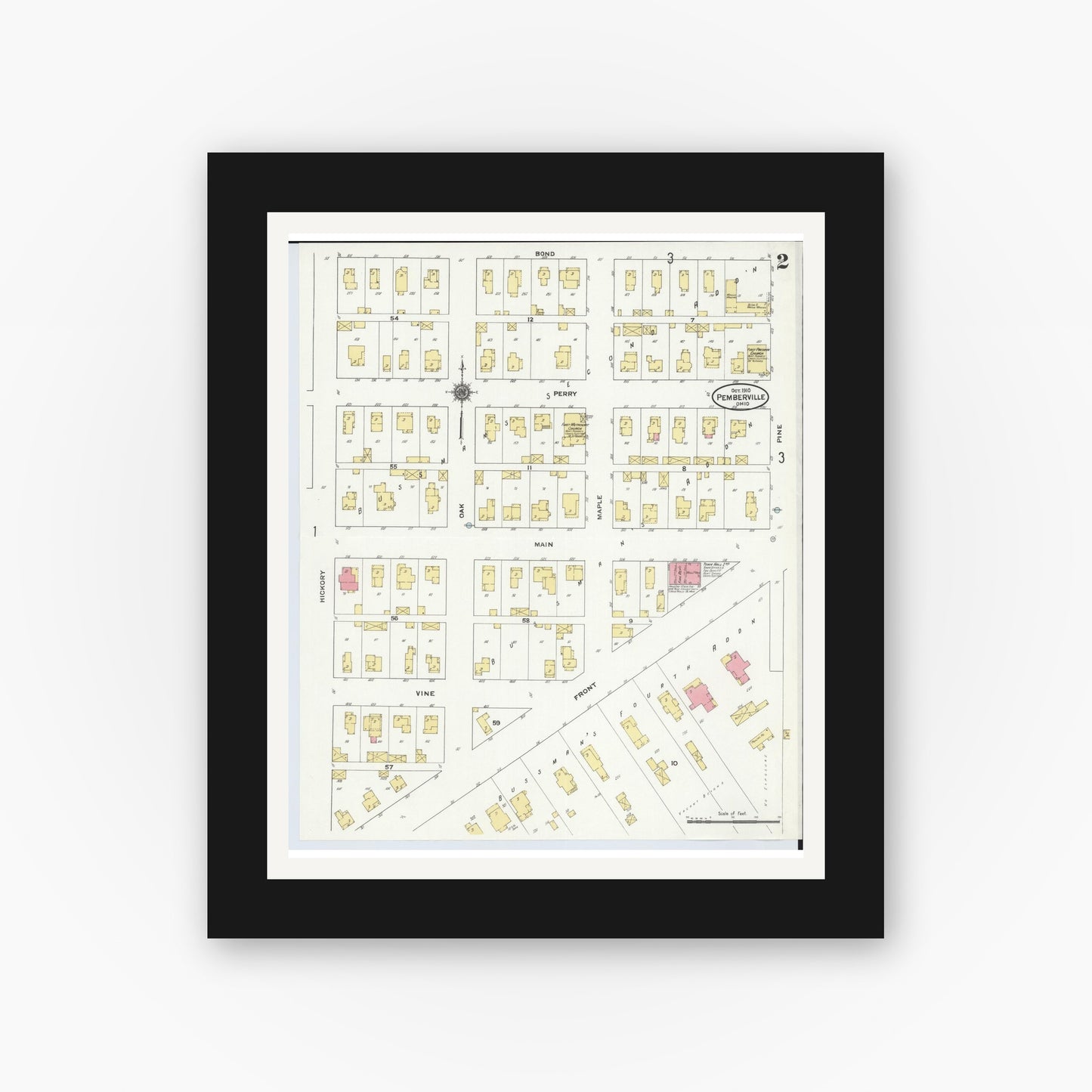 Old map wall art mockup — black gallery frame with white mat — Sanborn Fire Insurance Map from Pemberville, Wood County, Ohio (1910), Sheet #0002