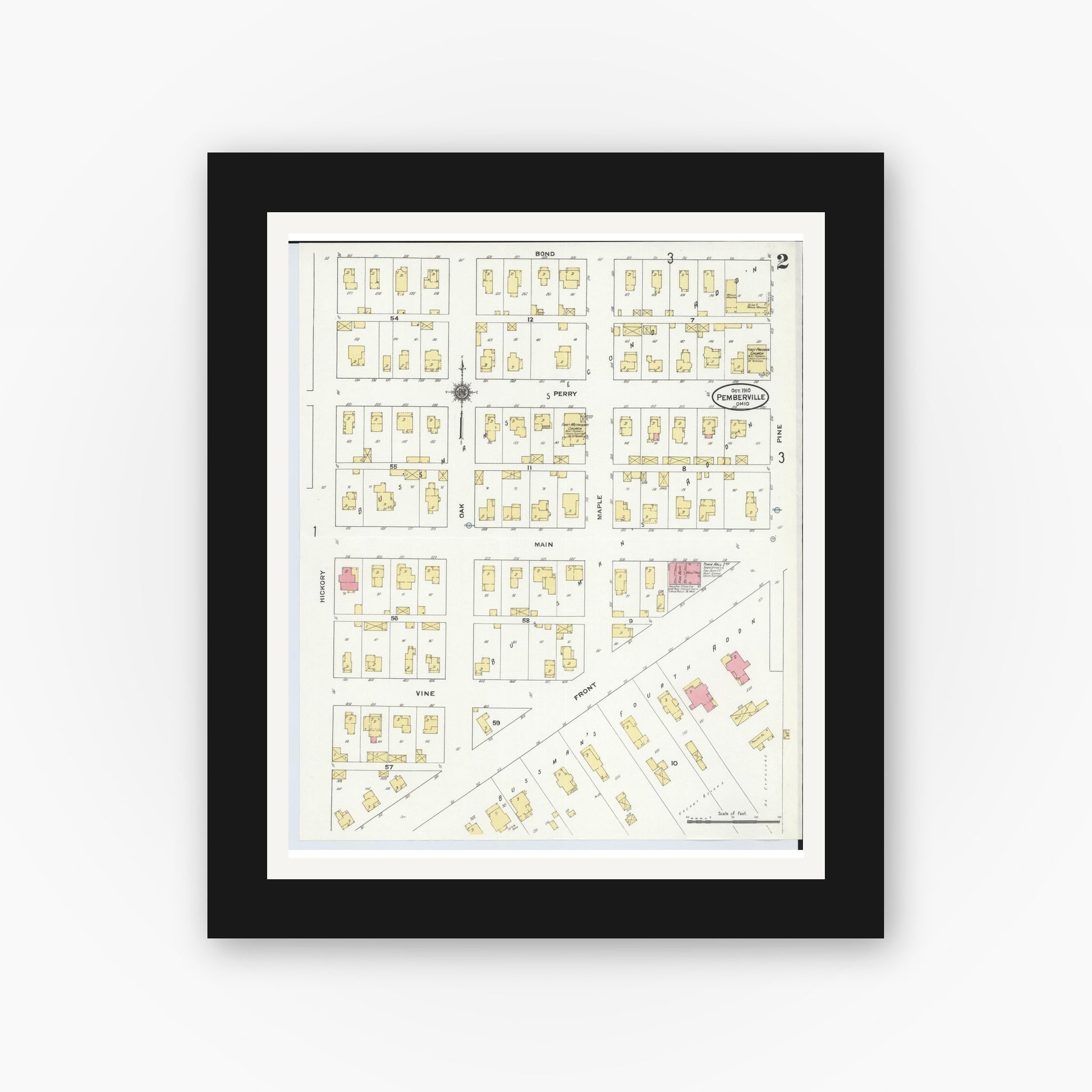 Old map wall art mockup — black gallery frame with white mat — Sanborn Fire Insurance Map from Pemberville, Wood County, Ohio (1910), Sheet #0002