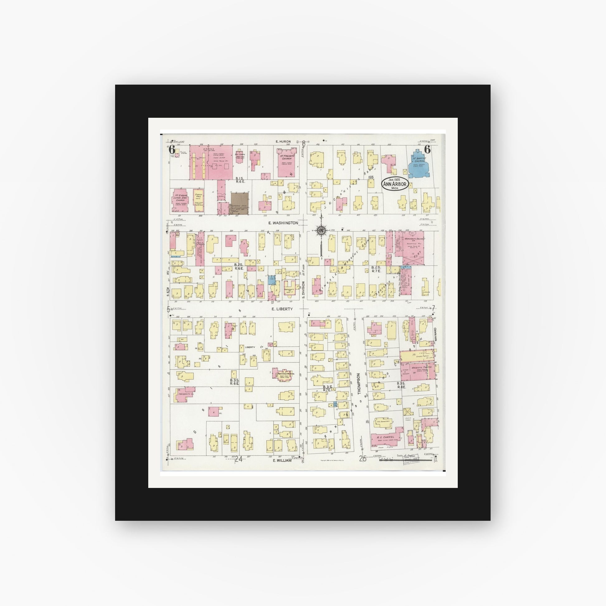 Old map wall art mockup — black gallery frame with white mat — Sanborn Fire Insurance Map from Ann Arbor, Washtenaw County, Michigan (1925), Sheet #0006