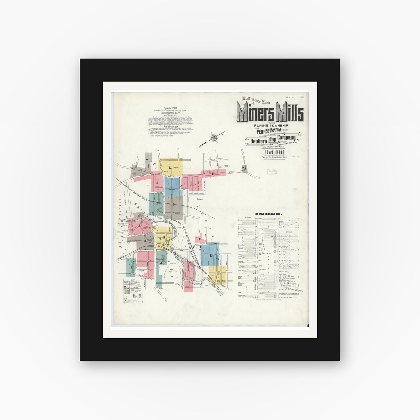 Old map wall art mockup — black gallery frame with white mat — Sanborn Fire Insurance Map from Miners Mills, Luzerne County, Pennsylvania (1911), Sheet #0001