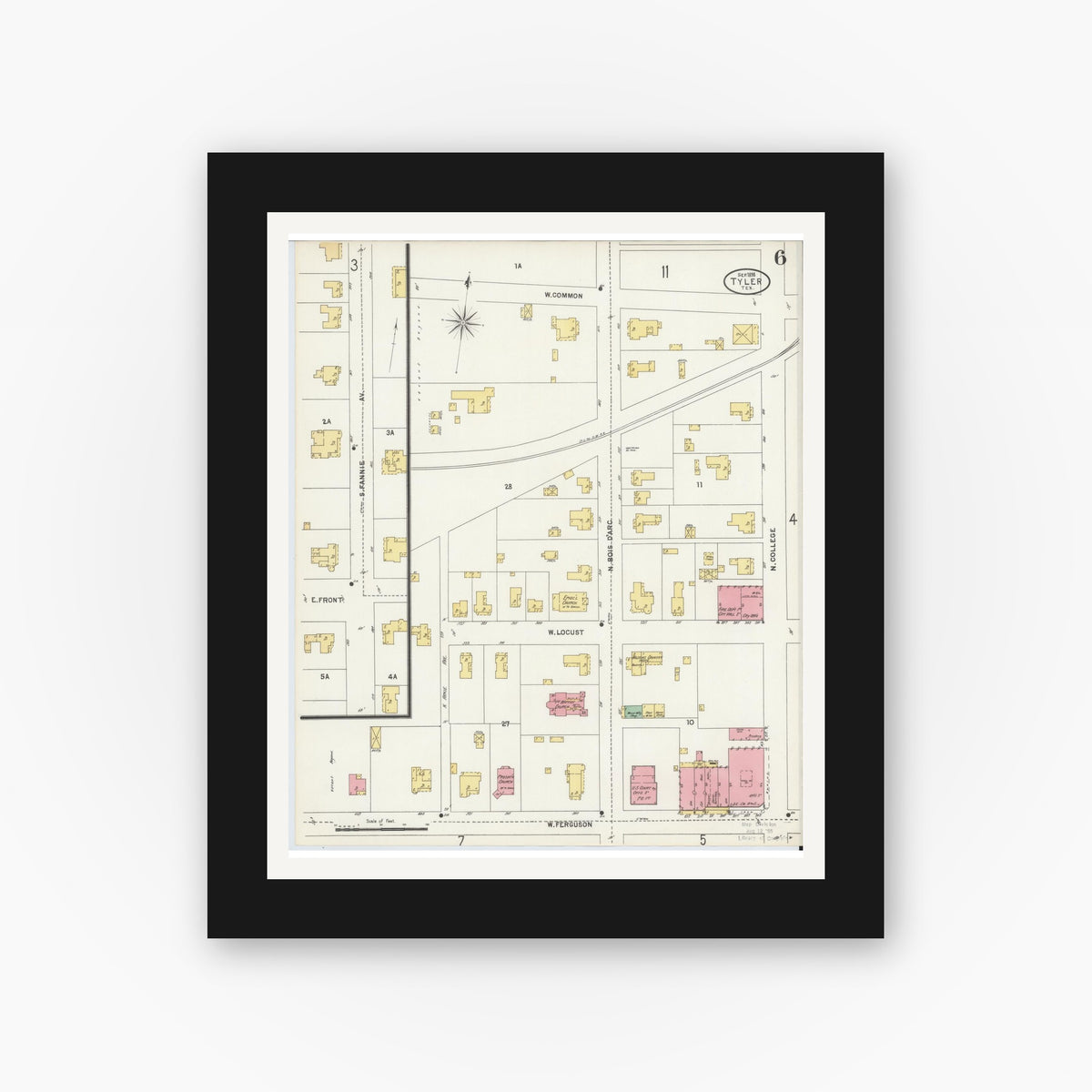 Old map wall art mockup — black gallery frame with white mat — Sanborn Fire Insurance Map from Tyler, Smith County, Texas (1898), Sheet #0006