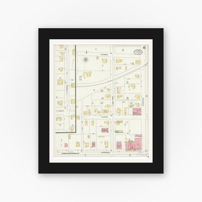 Old map wall art mockup — black gallery frame with white mat — Sanborn Fire Insurance Map from Tyler, Smith County, Texas (1898), Sheet #0006