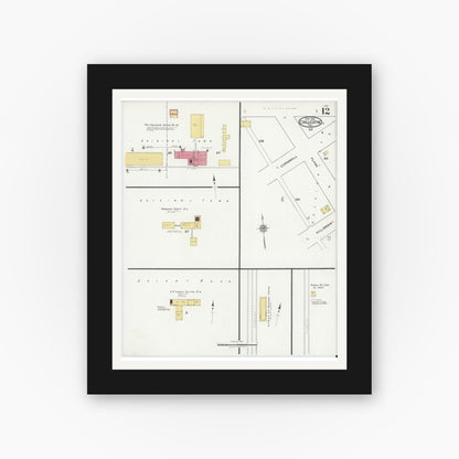 Old map wall art mockup — black gallery frame with white mat — Sanborn Fire Insurance Map from Chillicothe, Hardeman County, Texas (1921), Sheet #0012