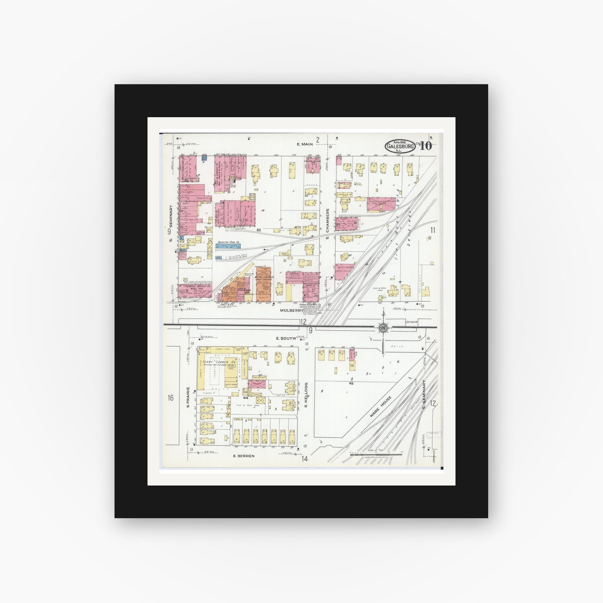 Old map wall art mockup — black gallery frame with white mat — Sanborn Fire Insurance Map from Galesburg, Knox County, Illinois (1918), Sheet #0010