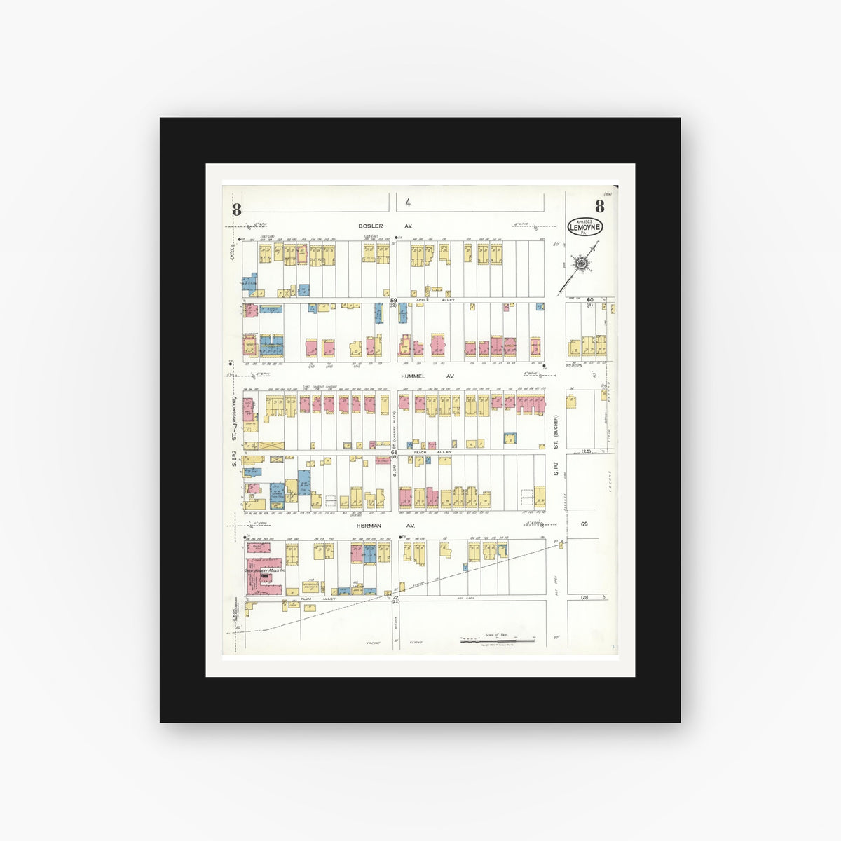 Old map wall art mockup — black gallery frame with white mat — Sanborn Fire Insurance Map from Lemoyne, Cumberland County, Pennsylvania (1923), Sheet #0008