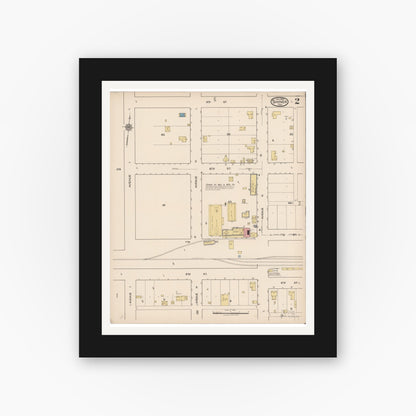 Old map wall art mockup — black gallery frame with white mat — Sanborn Fire Insurance Map from Shiner, Lavaca County, Texas (1922), Sheet #0002