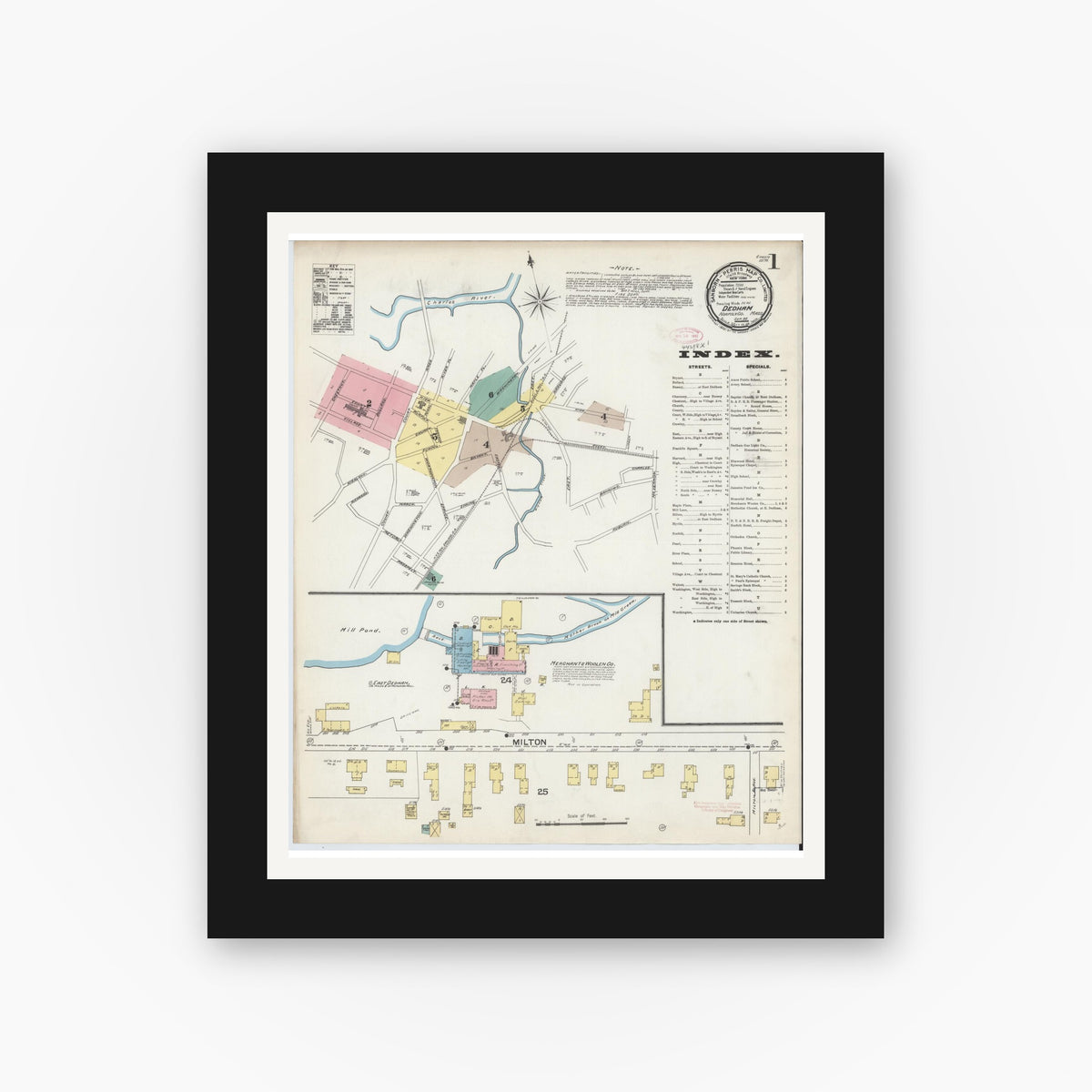Old map wall art mockup — black gallery frame with white mat — Sanborn Fire Insurance Map from Dedham, Norfolk County, Massachusetts (1892) - Complete Map Set