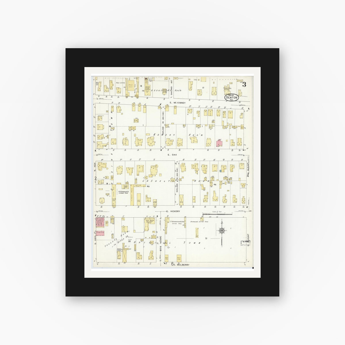 Old map wall art mockup — black gallery frame with white mat — Sanborn Fire Insurance Map from Denton, Denton County, Texas (1912), Sheet #0003