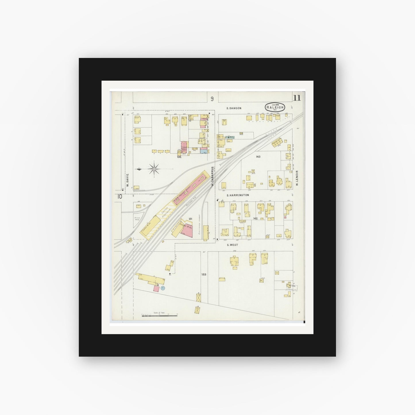 Old map wall art mockup — black gallery frame with white mat — Sanborn Fire Insurance Map from Raleigh, Wake County, North Carolina (1896), Sheet #0011
