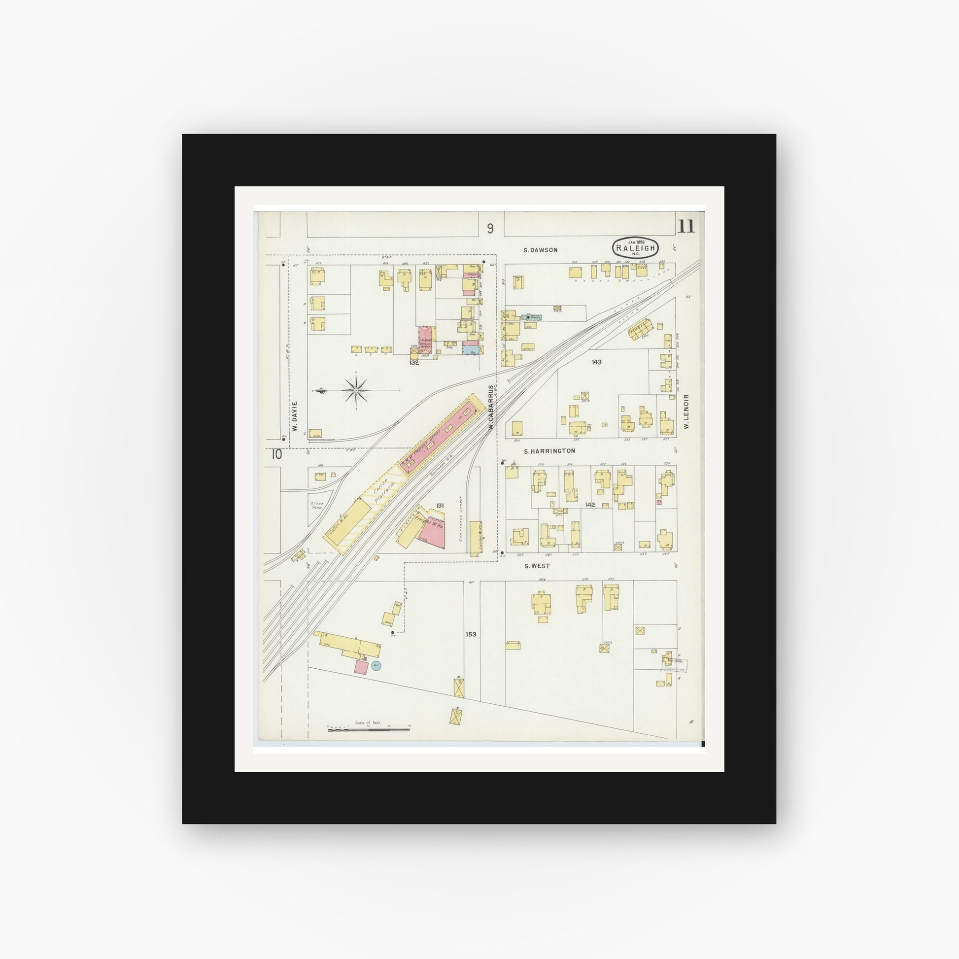 Old map wall art mockup — black gallery frame with white mat — Sanborn Fire Insurance Map from Raleigh, Wake County, North Carolina (1896), Sheet #0011