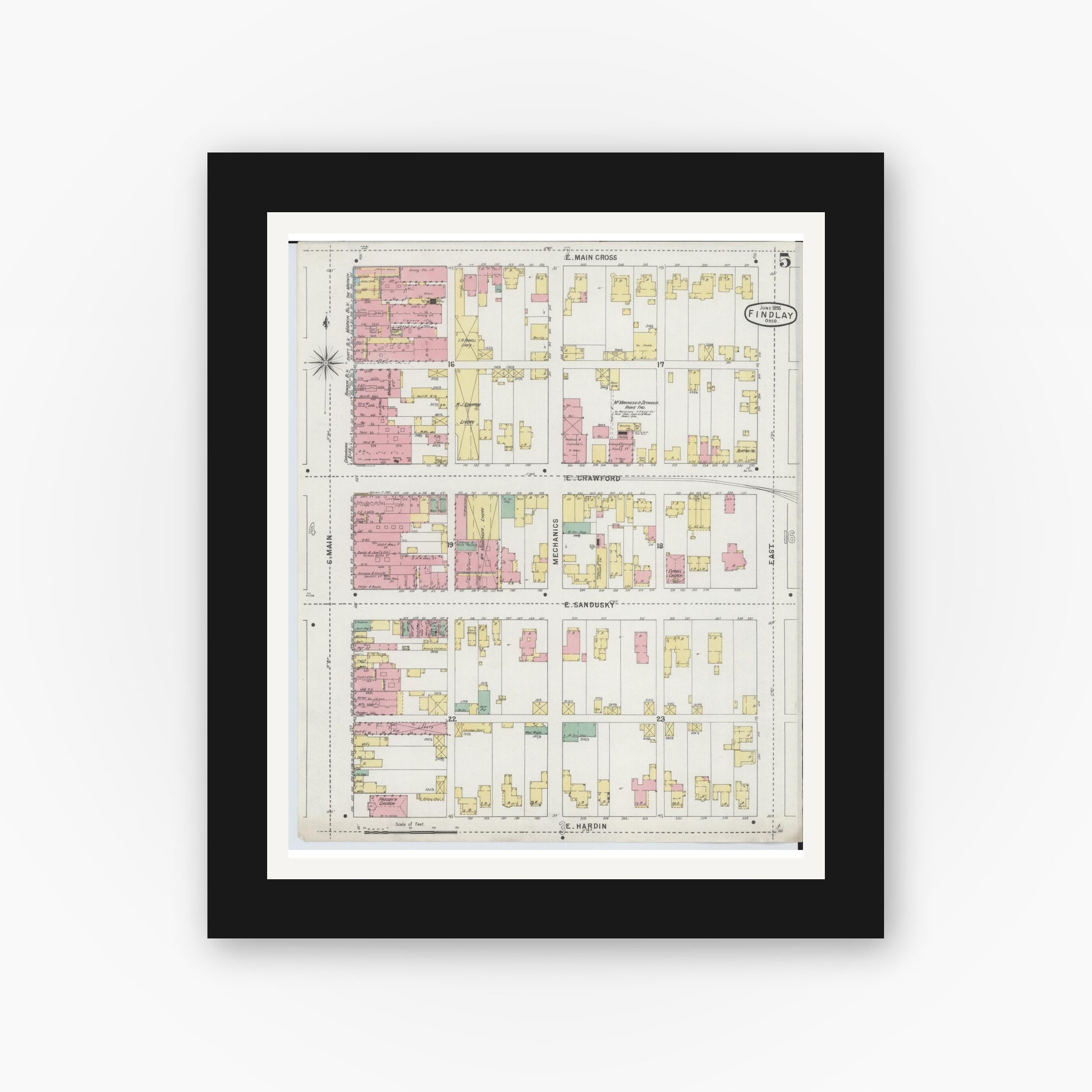 Old map wall art mockup — black gallery frame with white mat — Sanborn Fire Insurance Map from Findlay, Hancock County, Ohio (1895), Sheet #0005