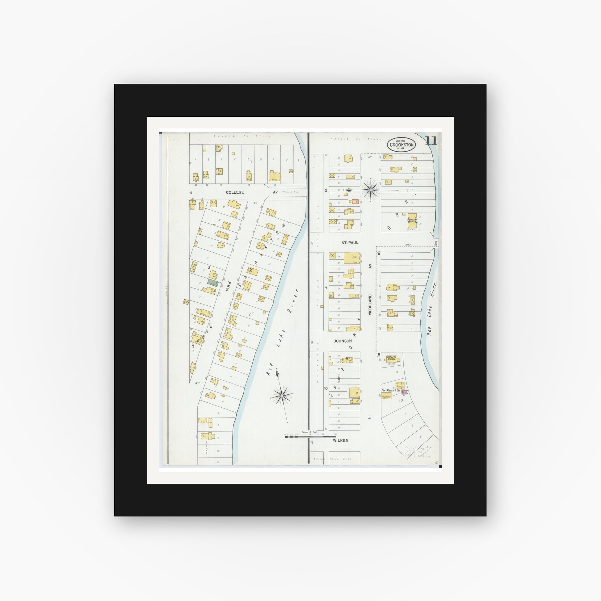 Old map wall art mockup — black gallery frame with white mat — Sanborn Fire Insurance Map from Crookston, Polk County, Minnesota (1900), Sheet #0011
