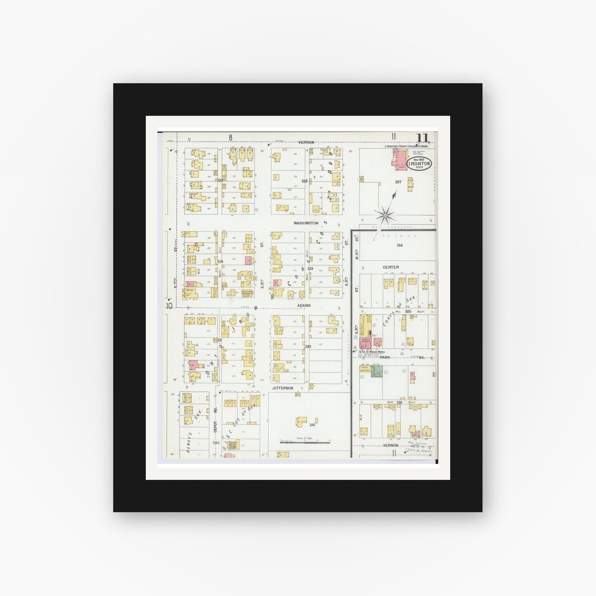 Old map wall art mockup — black gallery frame with white mat — Sanborn Fire Insurance Map from Ironton, Lawrence County, Ohio (1900), Sheet #0011