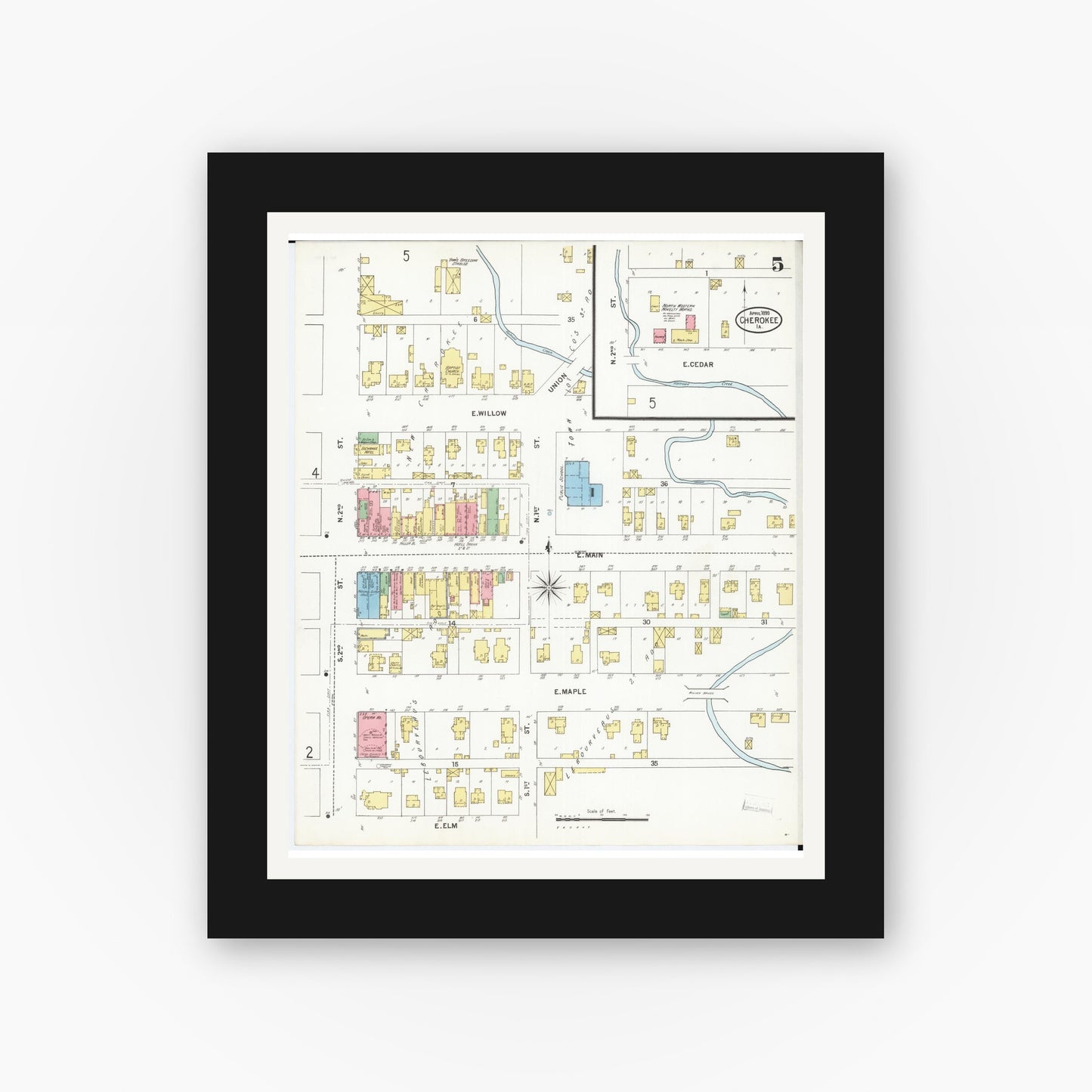 Old map wall art mockup — black gallery frame with white mat — Sanborn Fire Insurance Map from Cherokee, Cherokee County, Iowa (1899), Sheet #0005
