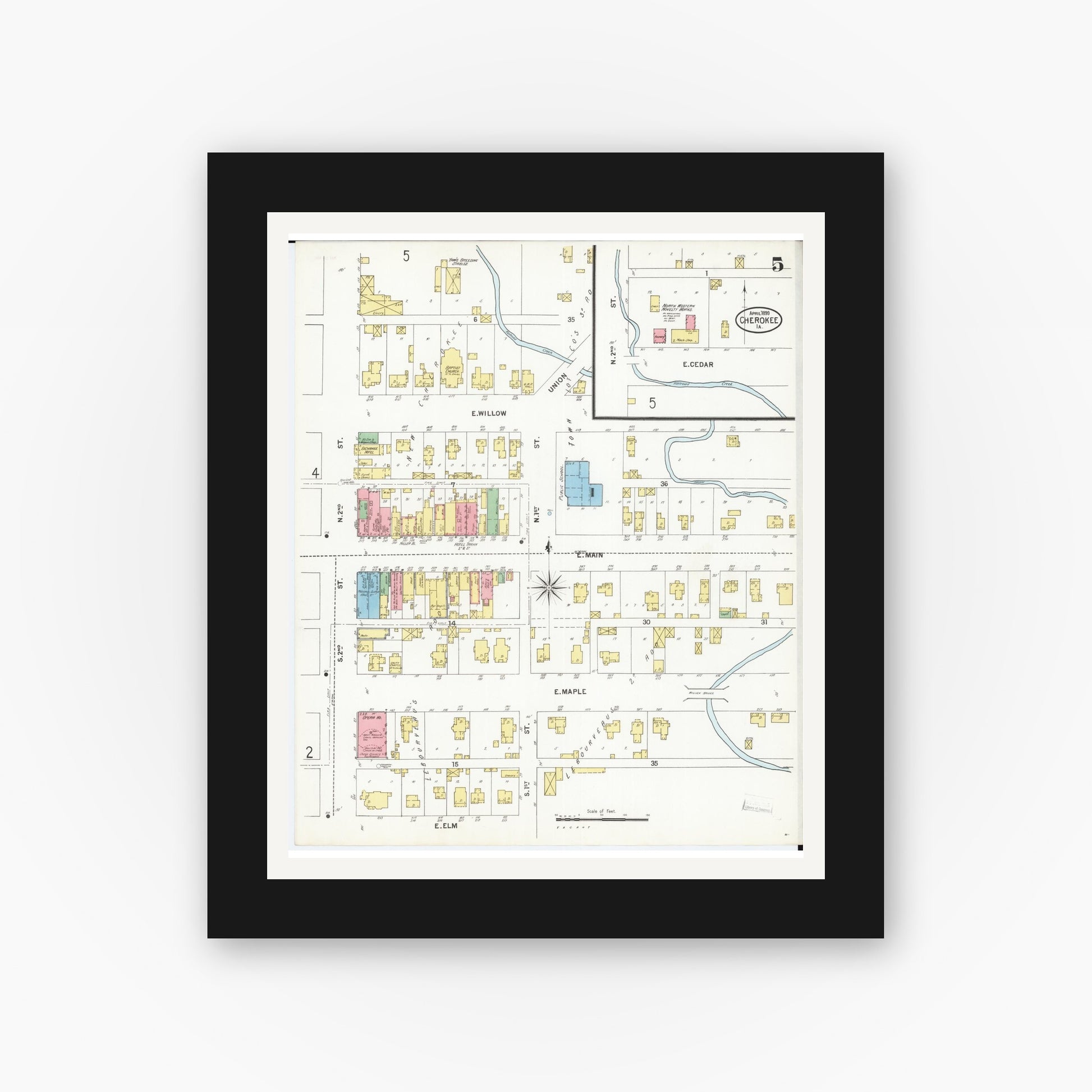 Old map wall art mockup — black gallery frame with white mat — Sanborn Fire Insurance Map from Cherokee, Cherokee County, Iowa (1899), Sheet #0005