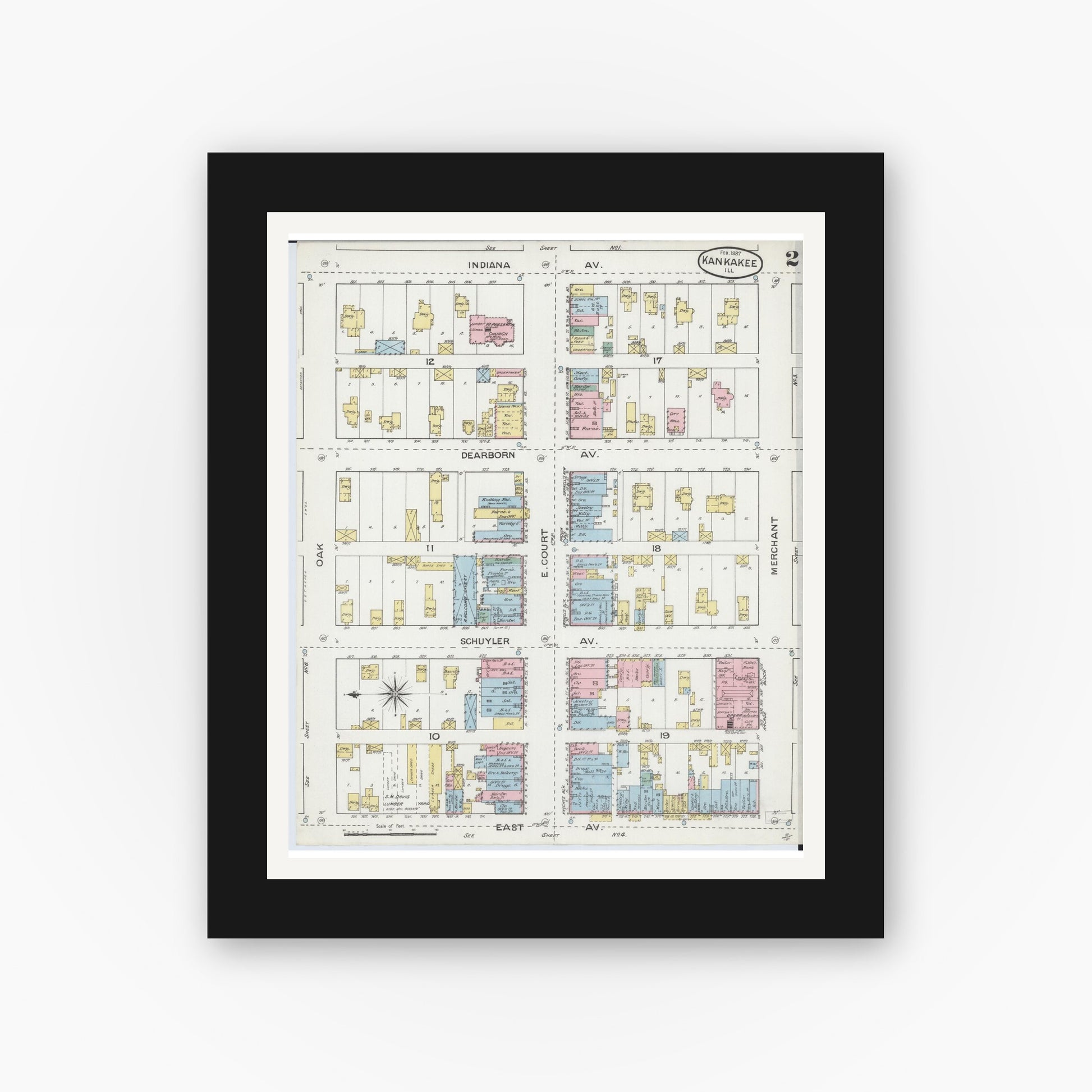 Old map wall art mockup — black gallery frame with white mat — Sanborn Fire Insurance Map from Kankakee, Kankakee County, Illinois (1887), Sheet #0002