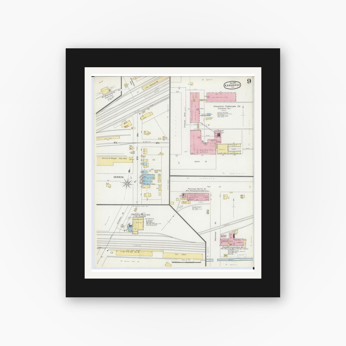 Old map wall art mockup — black gallery frame with white mat — Sanborn Fire Insurance Map from Kankakee, Kankakee County, Illinois (1896), Sheet #0009