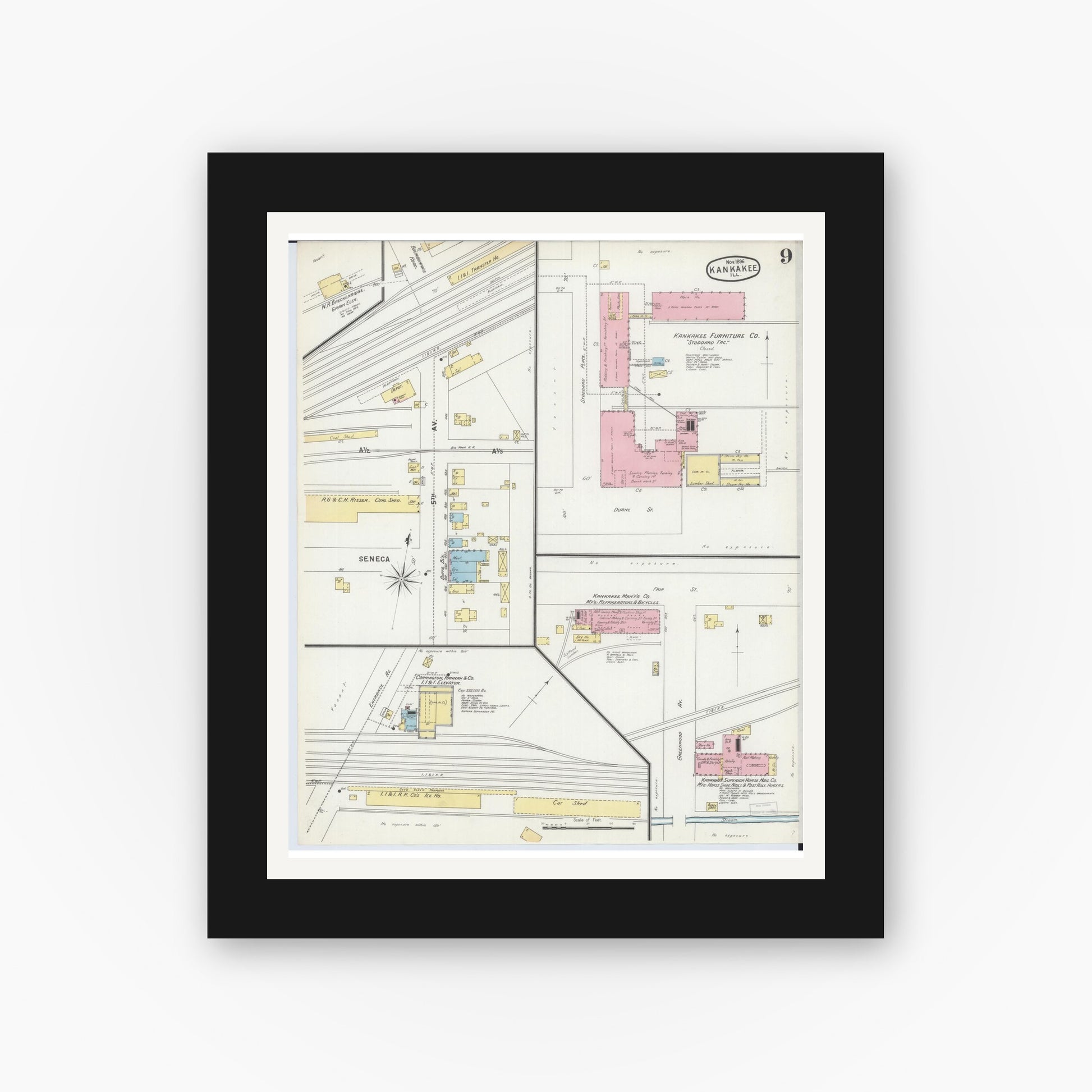 Old map wall art mockup — black gallery frame with white mat — Sanborn Fire Insurance Map from Kankakee, Kankakee County, Illinois (1896), Sheet #0009