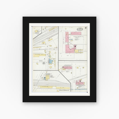 Old map wall art mockup — black gallery frame with white mat — Sanborn Fire Insurance Map from Kankakee, Kankakee County, Illinois (1896), Sheet #0009