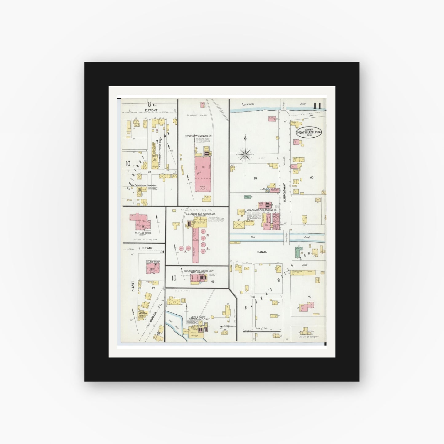 Old map wall art mockup — black gallery frame with white mat — Sanborn Fire Insurance Map from New Philadelphia, Tuscarawas County, Ohio (1901), Sheet #0011