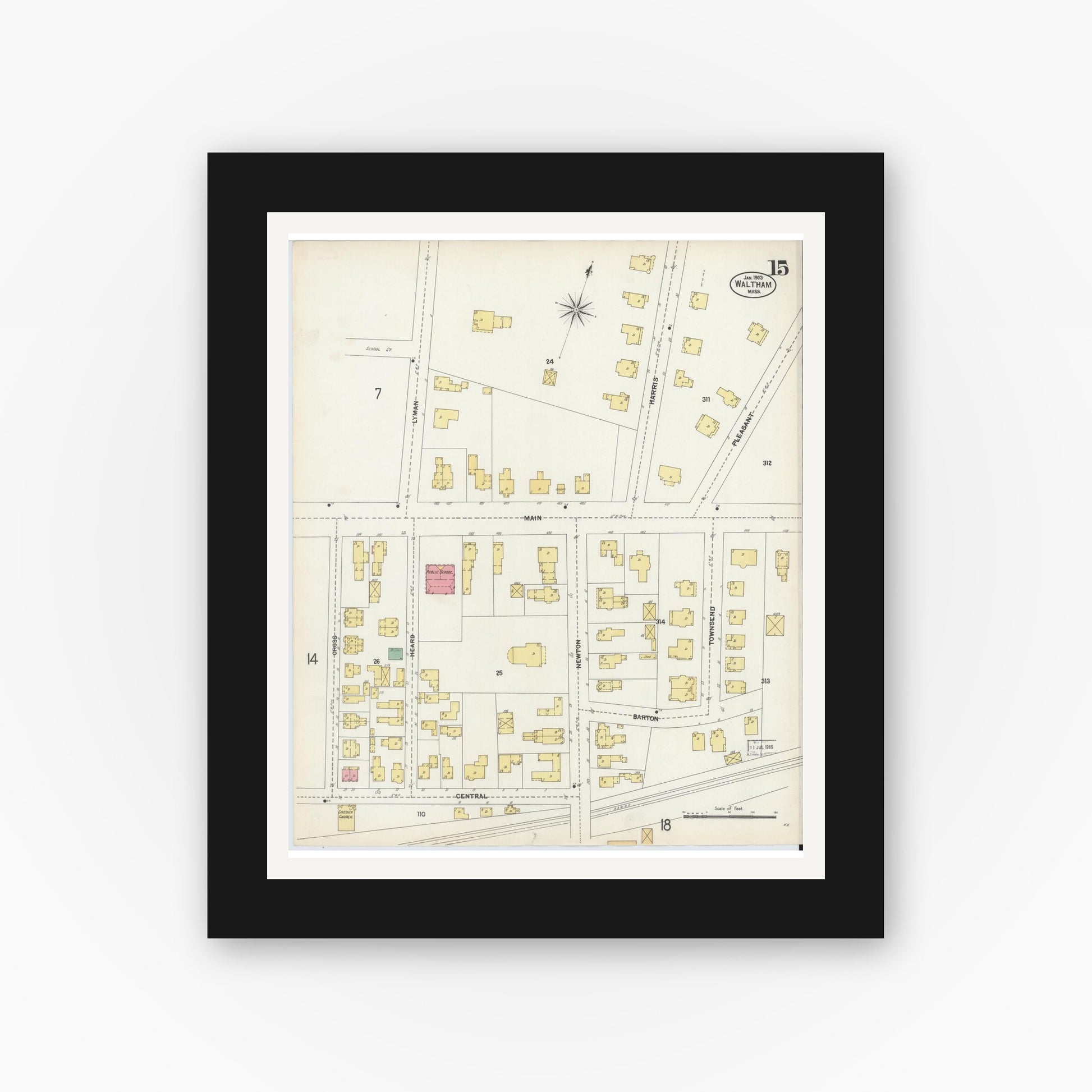 Old map wall art mockup — black gallery frame with white mat — Sanborn Fire Insurance Map from Waltham, Middlesex County, Massachusetts (1903), Sheet #0015