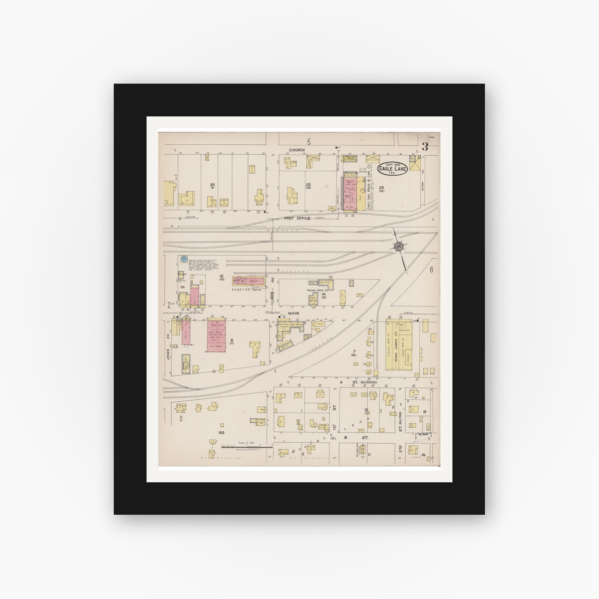 Old map wall art mockup — black gallery frame with white mat — Sanborn Fire Insurance Map from Eagle Lake, Colorado County, Texas (1922), Sheet #0003