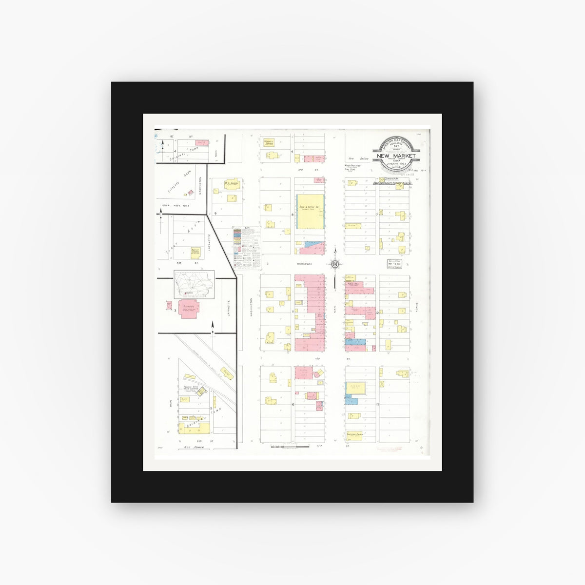 Old map wall art mockup — black gallery frame with white mat — Sanborn Fire Insurance Map from New Market, Taylor County, Iowa (1933), Sheet #0001