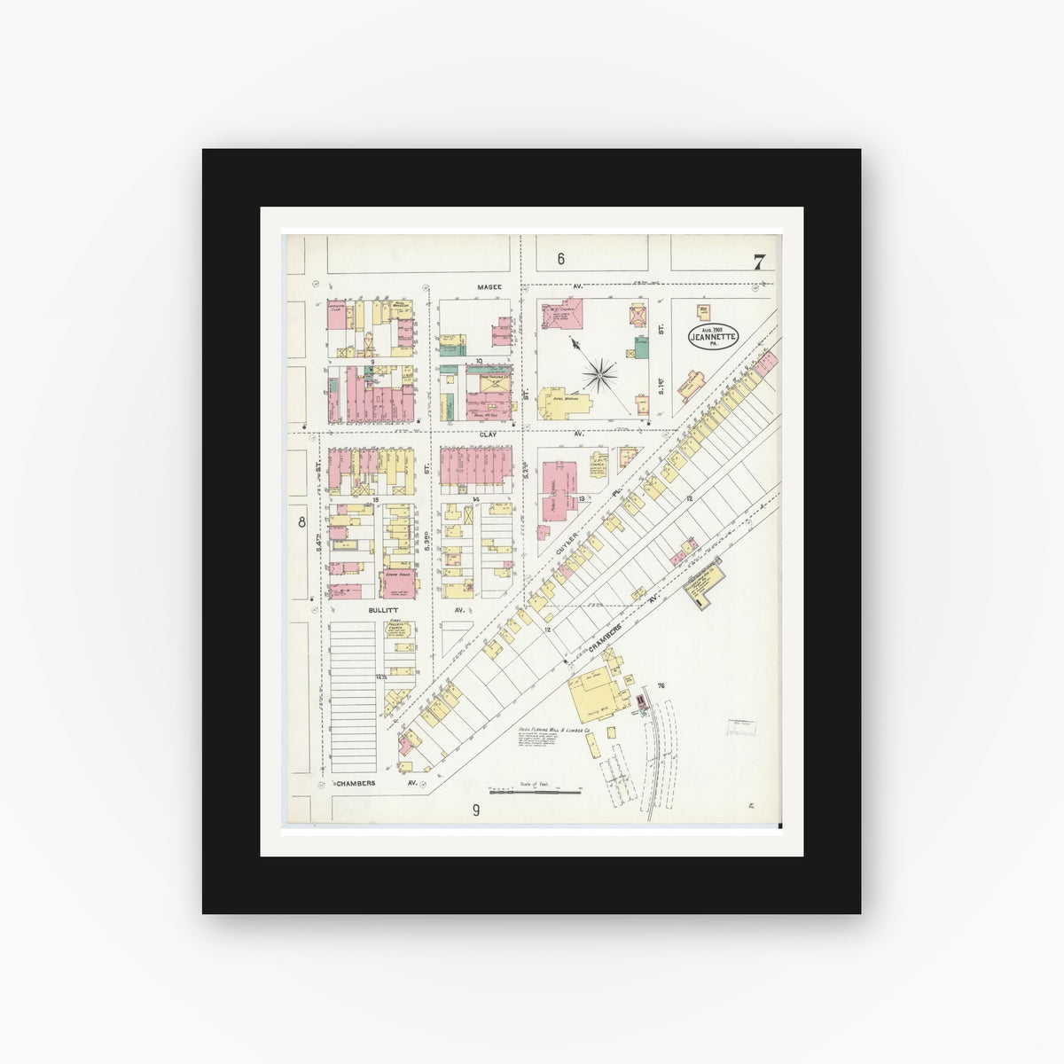 Old map wall art mockup — black gallery frame with white mat — Sanborn Fire Insurance Map from Jeannette, Westmoreland County, Pennsylvania (1905), Sheet #0007