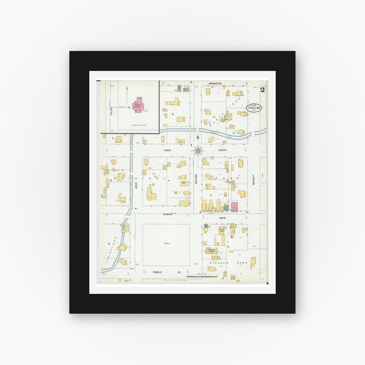 Old map wall art mockup — black gallery frame with white mat — Sanborn Fire Insurance Map from Tiskilwa, Bureau County, Illinois (1901), Sheet #0002