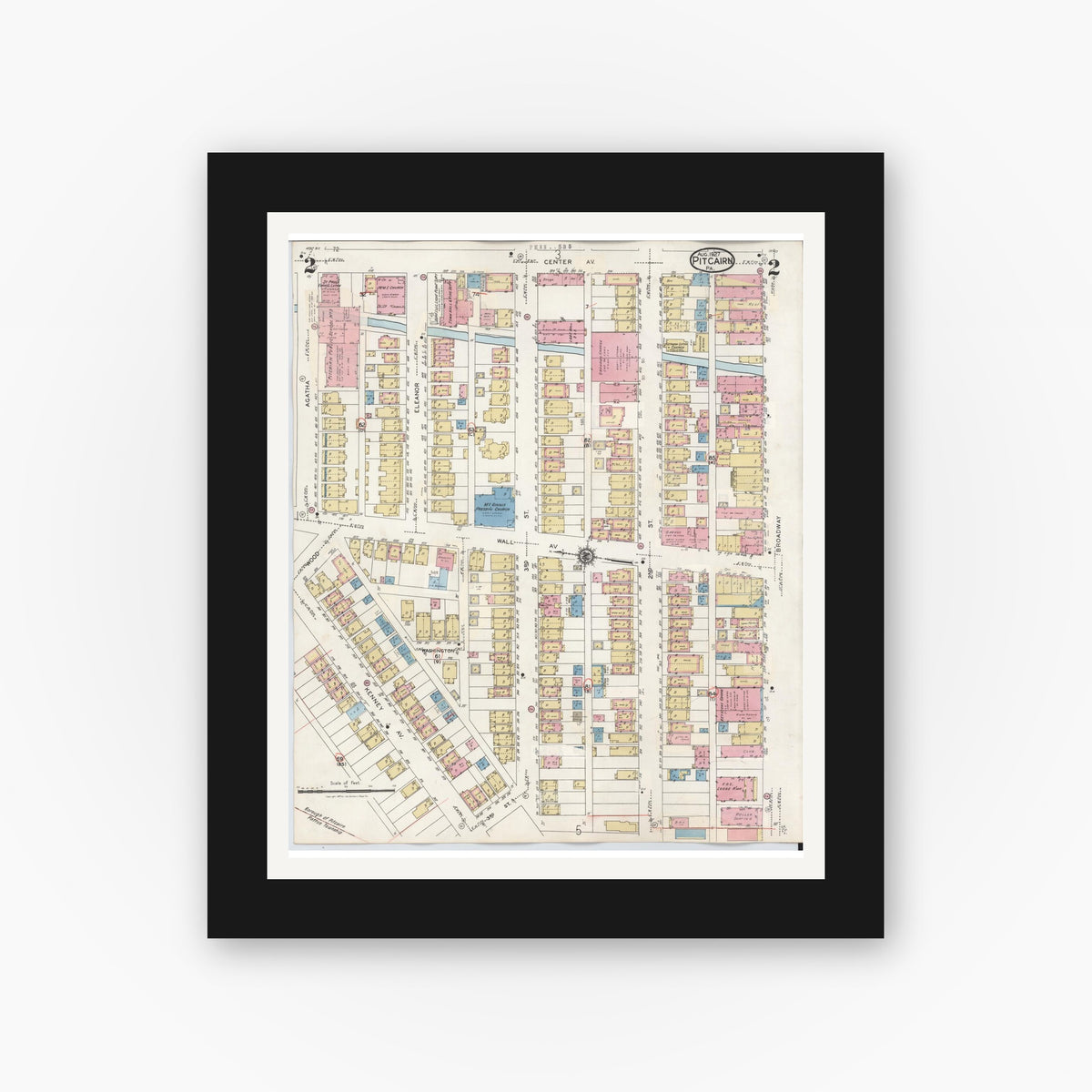 Old map wall art mockup — black gallery frame with white mat — Sanborn Fire Insurance Map from Pitcairn, Allegheny County, Pennsylvania (1948), Sheet #0002