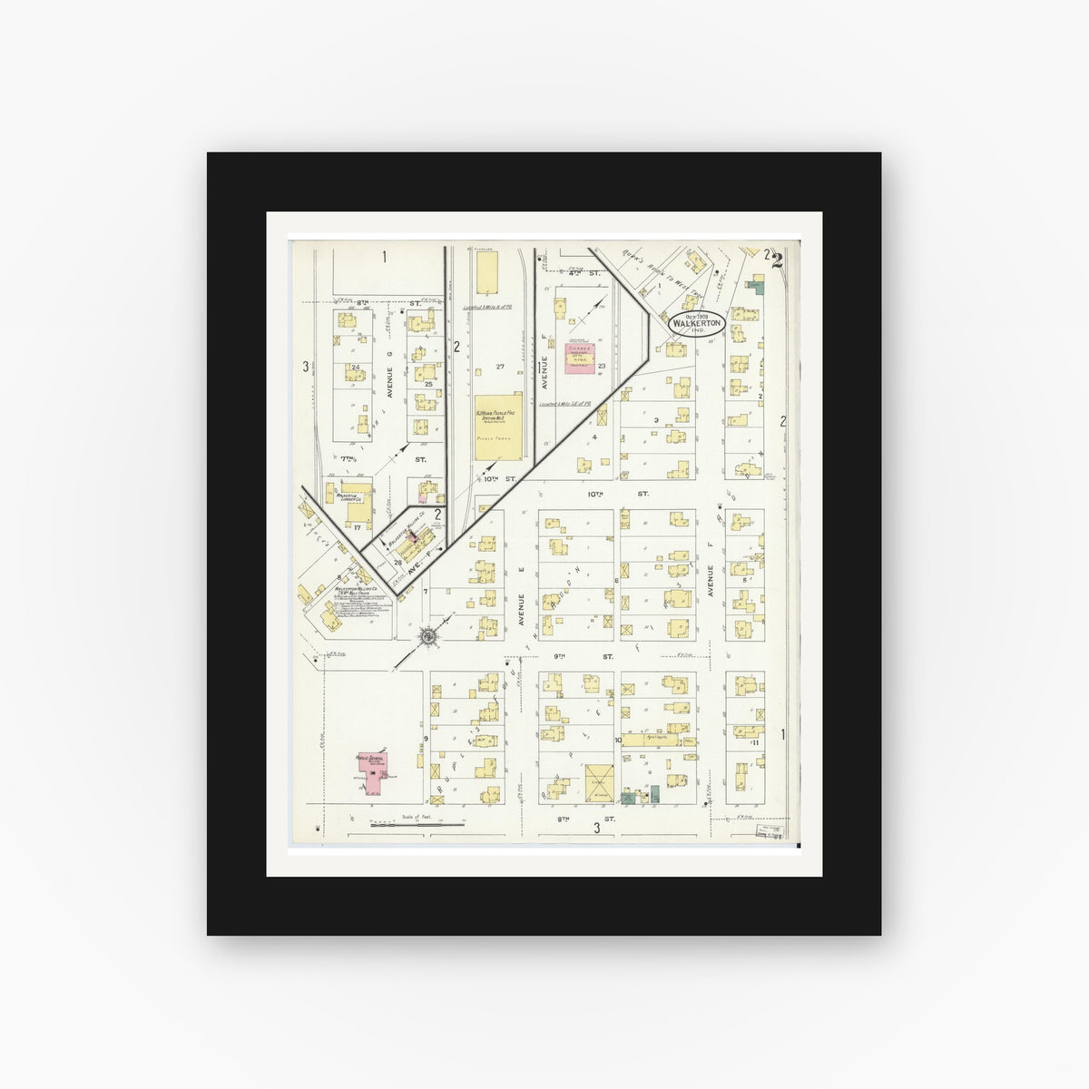 Old map wall art mockup — black gallery frame with white mat — Sanborn Fire Insurance Map from Walkerton, Saint Joseph County, Indiana (1909), Sheet #0002