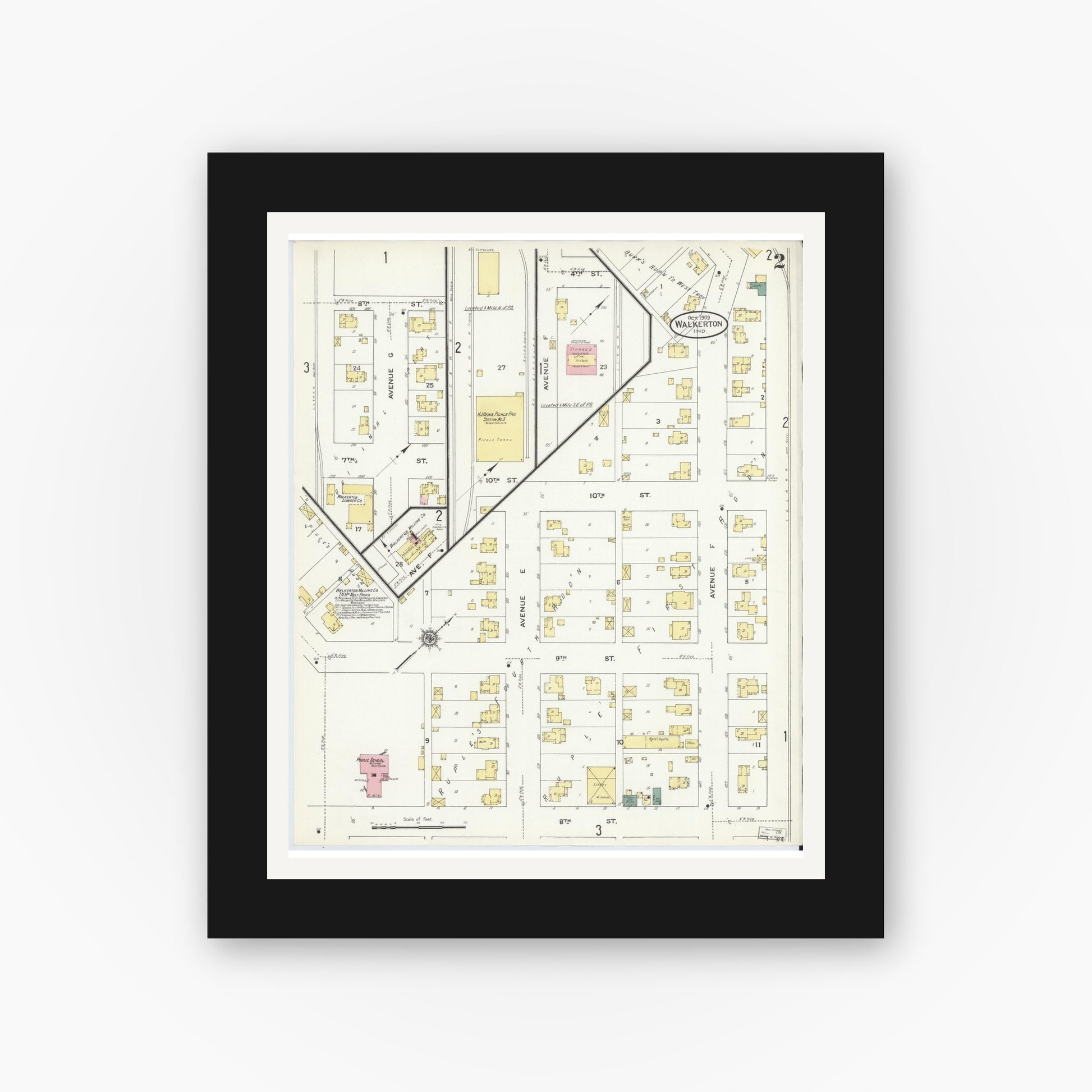 Old map wall art mockup — black gallery frame with white mat — Sanborn Fire Insurance Map from Walkerton, Saint Joseph County, Indiana (1909), Sheet #0002