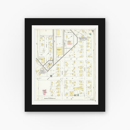 Old map wall art mockup — black gallery frame with white mat — Sanborn Fire Insurance Map from Walkerton, Saint Joseph County, Indiana (1909), Sheet #0002