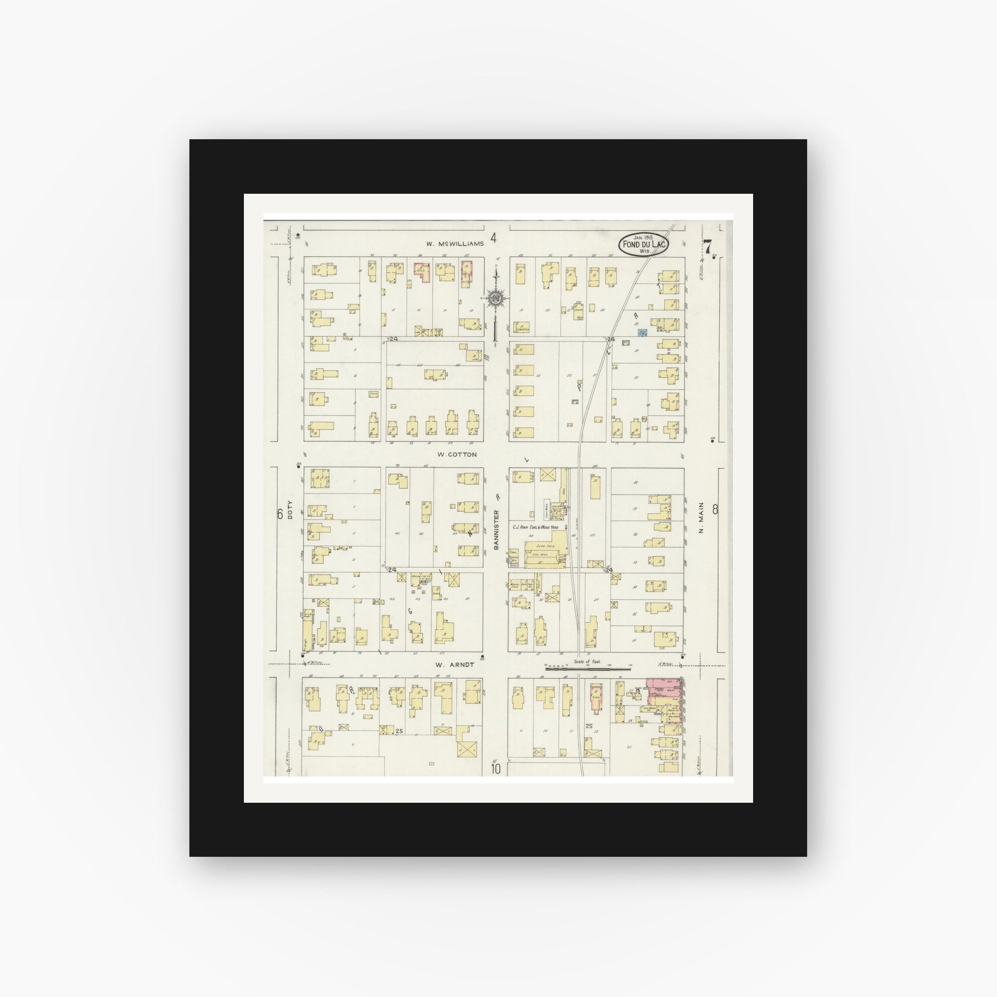 Old map wall art mockup — black gallery frame with white mat — Sanborn Fire Insurance Map from Fond du Lac, Fond du Lac County, Wisconsin (1915), Sheet #0007