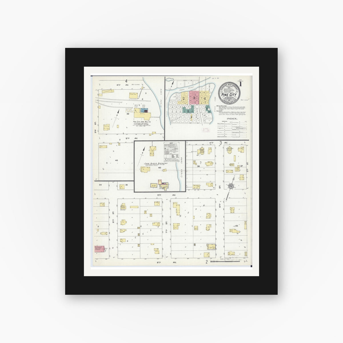Old map wall art mockup — black gallery frame with white mat — Sanborn Fire Insurance Map from Pine City, Pine County, Minnesota (1911) - Complete Map Set
