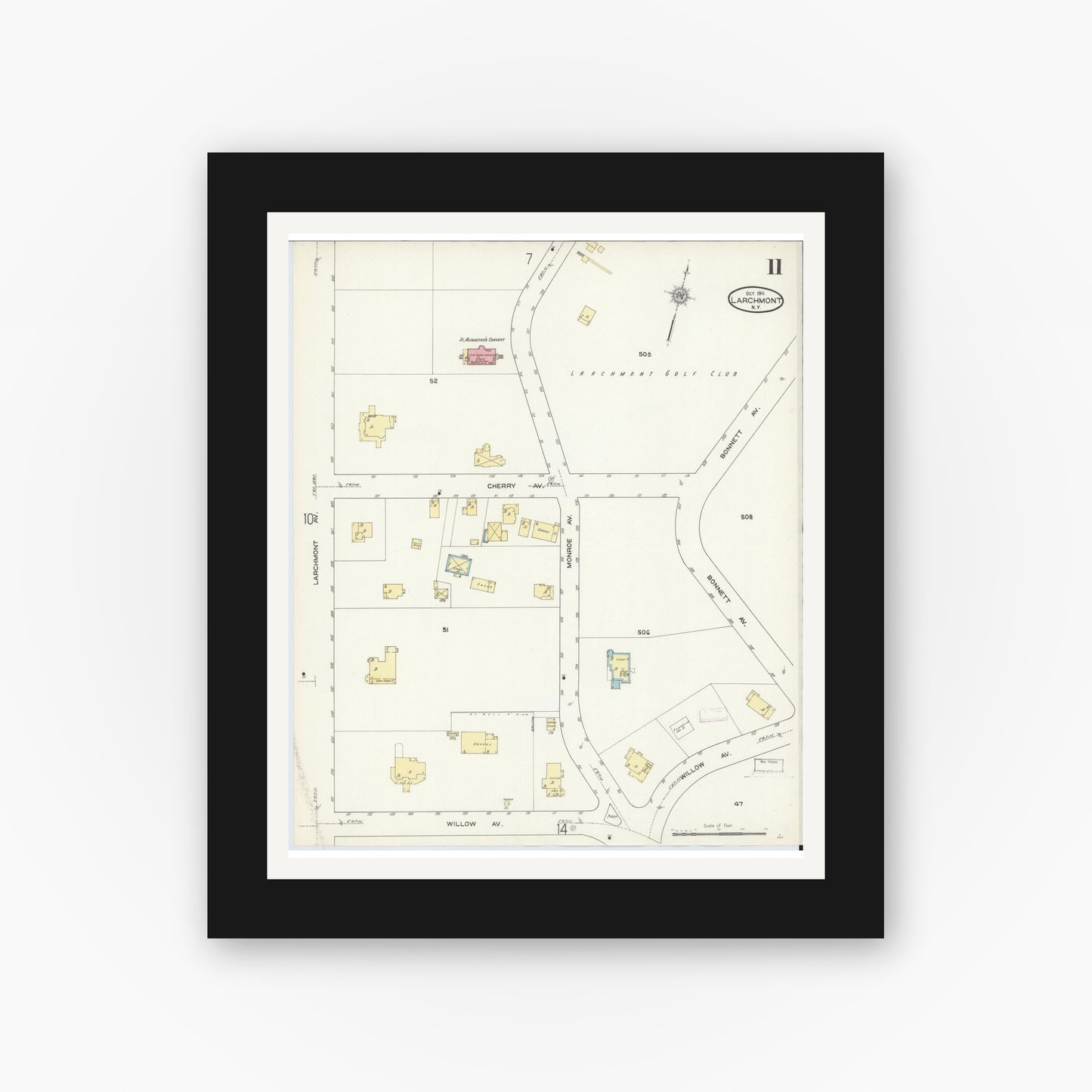 Old map wall art mockup — black gallery frame with white mat — Sanborn Fire Insurance Map from Larchmont, Westchester County, New York (1911), Sheet #0011