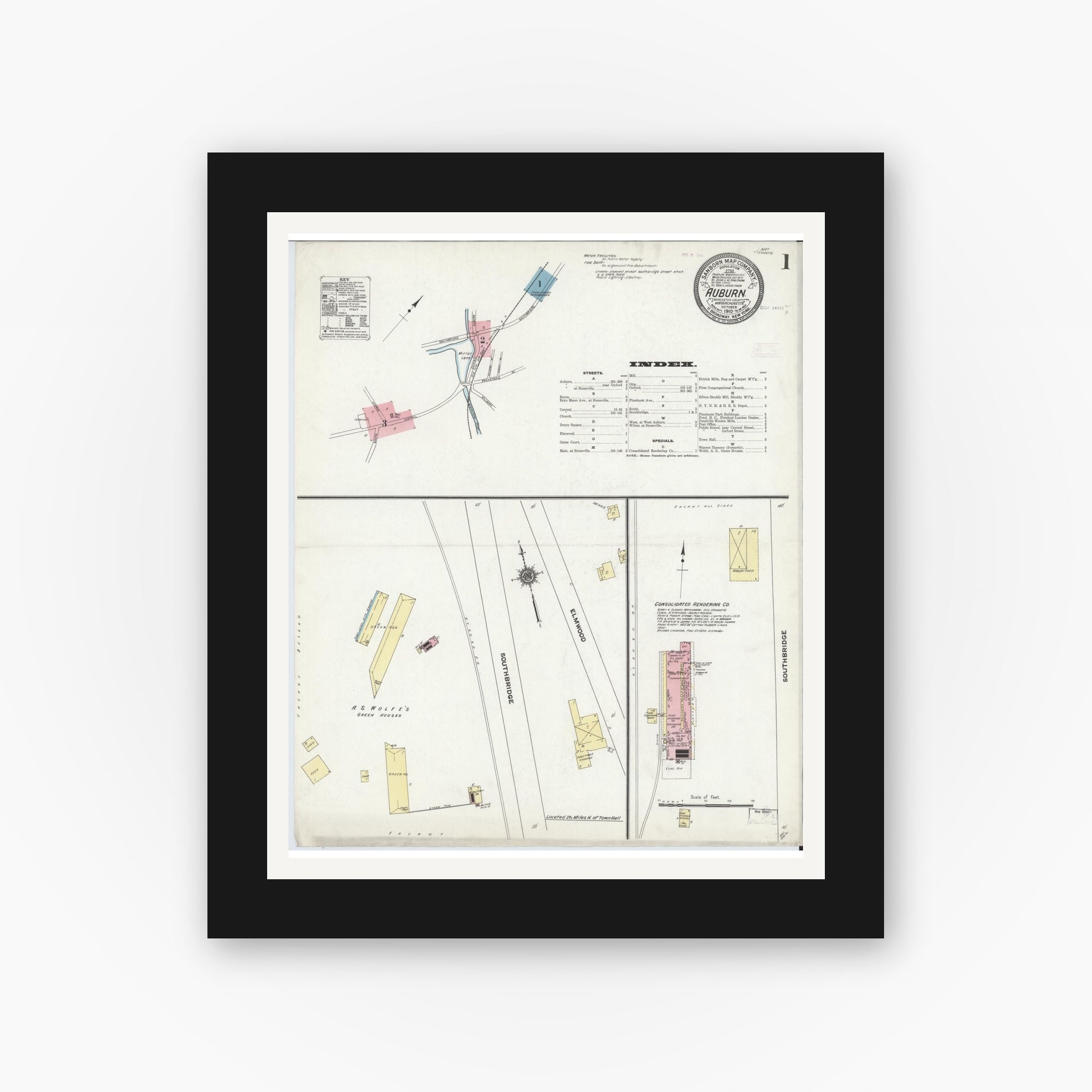 Old map wall art mockup — black gallery frame with white mat — Sanborn Fire Insurance Map from Auburn, Worcester County, Massachusetts (1910) - Complete Map Set