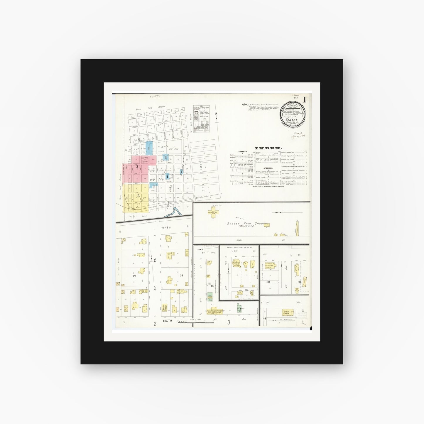Old map wall art mockup — black gallery frame with white mat — Sanborn Fire Insurance Map from Sibley, Osceola County, Iowa (1896), Sheet #0001
