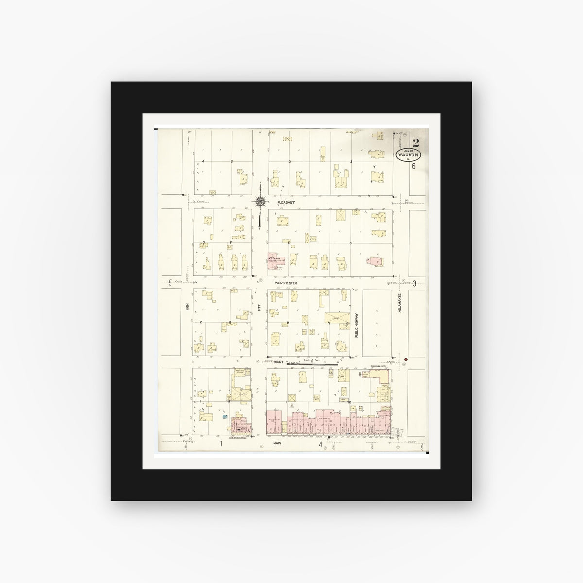 Old map wall art mockup — black gallery frame with white mat — Sanborn Fire Insurance Map from Waukon, Allamakee County, Iowa (1913), Sheet #0002
