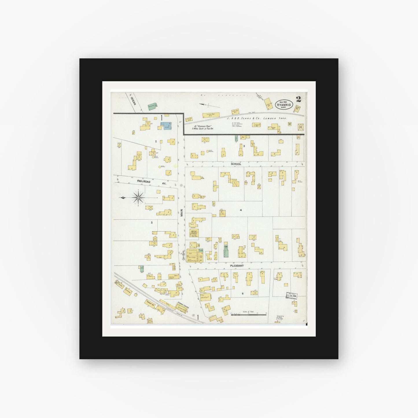 Old map wall art mockup — black gallery frame with white mat — Sanborn Fire Insurance Map from Hyannis, Barnstable County, Massachusetts (1901), Sheet #0003