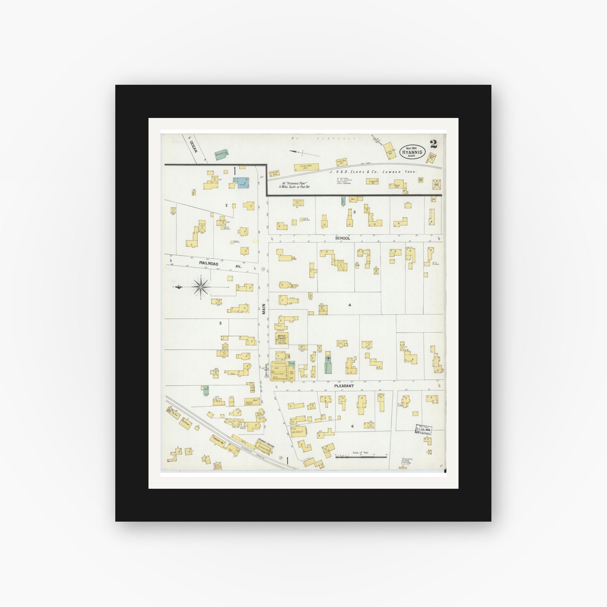 Old map wall art mockup — black gallery frame with white mat — Sanborn Fire Insurance Map from Hyannis, Barnstable County, Massachusetts (1901), Sheet #0003