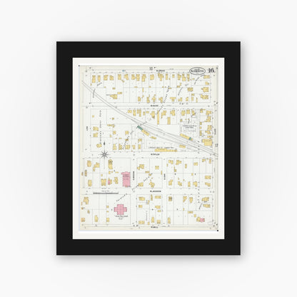 Old map wall art mockup — black gallery frame with white mat — Sanborn Fire Insurance Map from Bloomington, McLean County, Illinois (1901), Sheet #0016