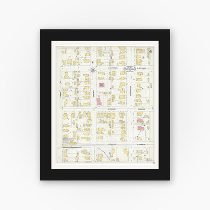 Old map wall art mockup — black gallery frame with white mat — Sanborn Fire Insurance Map from Crawfordsville, Montgomery County, Indiana (1902), Sheet #0004