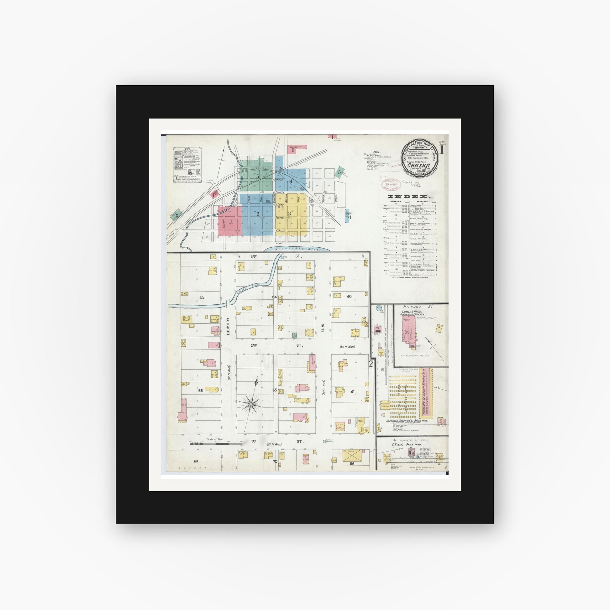 Old map wall art mockup — black gallery frame with white mat — Sanborn Fire Insurance Map from Chaska, Carver County, Minnesota (1899), Sheet #0001