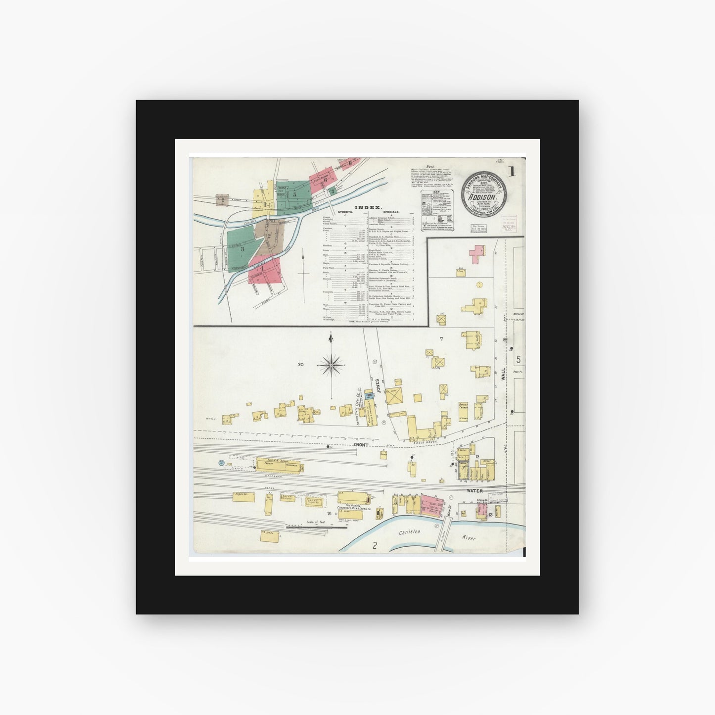 Old map wall art mockup — black gallery frame with white mat — Sanborn Fire Insurance Map from Addison, Steuben County, New York (1903), Sheet #0001