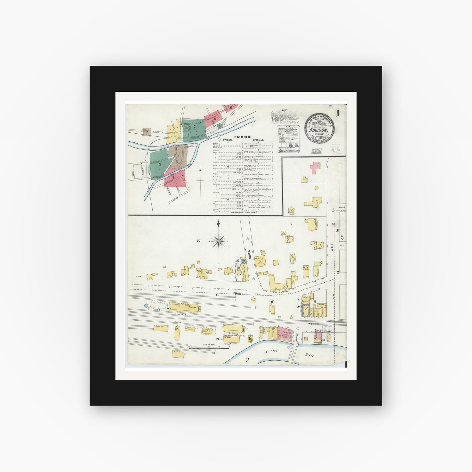 Old map wall art mockup — black gallery frame with white mat — Sanborn Fire Insurance Map from Addison, Steuben County, New York (1903), Sheet #0001