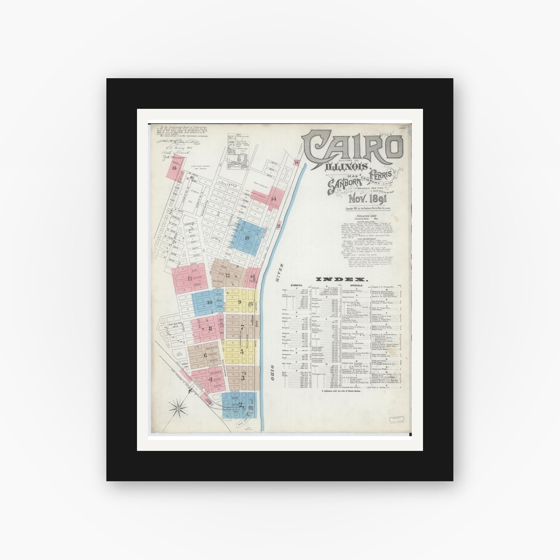 Old map wall art mockup — black gallery frame with white mat — Sanborn Fire Insurance Map from Cairo, Alexander County, Illinois (1891) - Complete Map Set