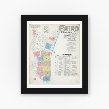 Old map wall art mockup — black gallery frame with white mat — Sanborn Fire Insurance Map from Cairo, Alexander County, Illinois (1891) - Complete Map Set